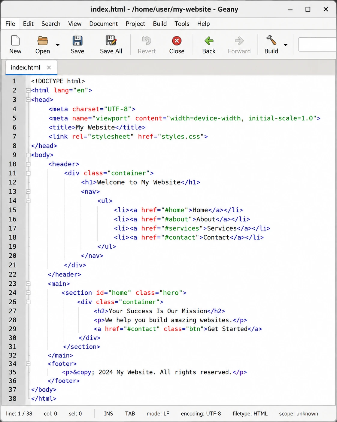 Geany lightweight text editor and mini IDE on Linux with symbol sidebar