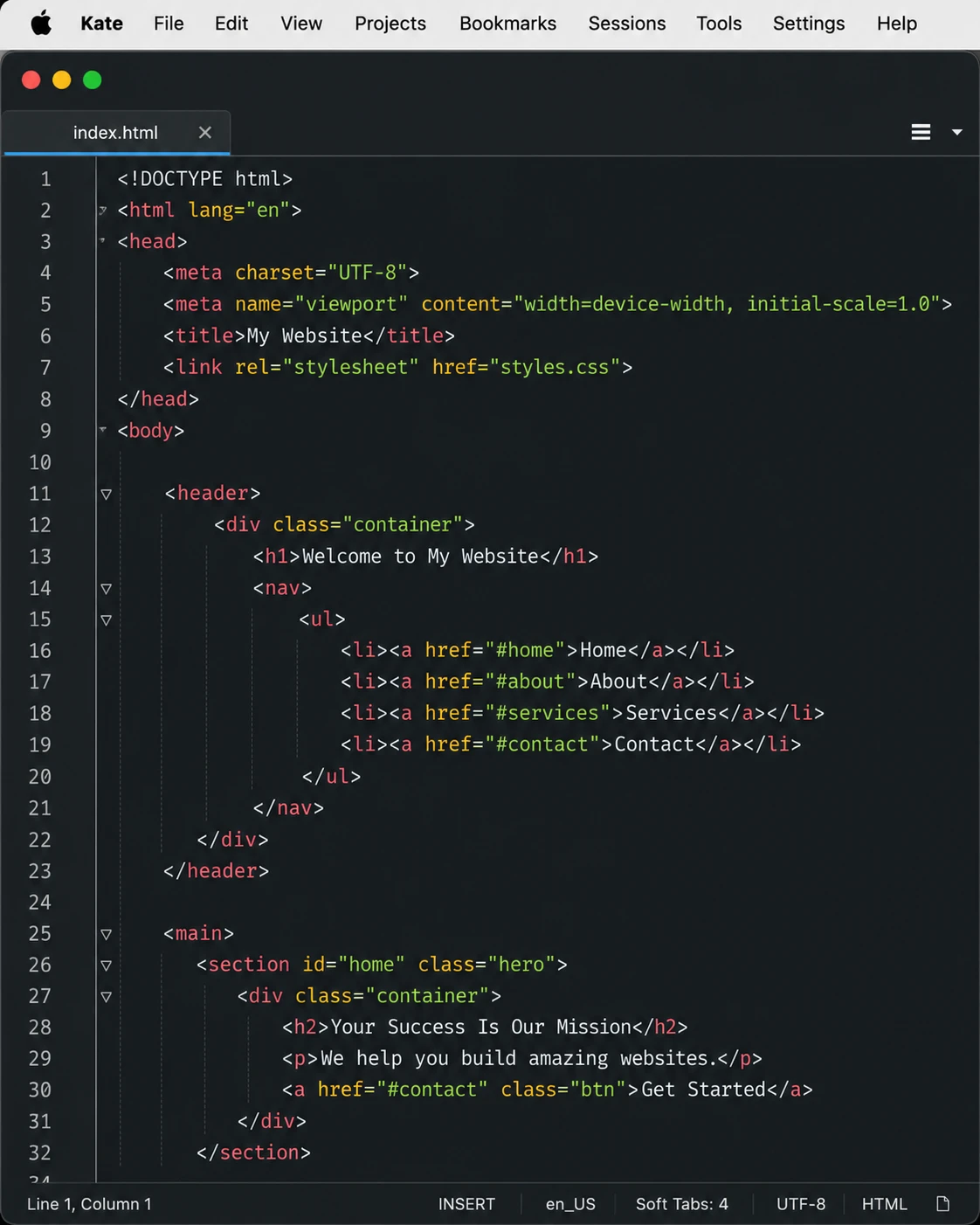 Kate advanced open-source text editor running on macOS