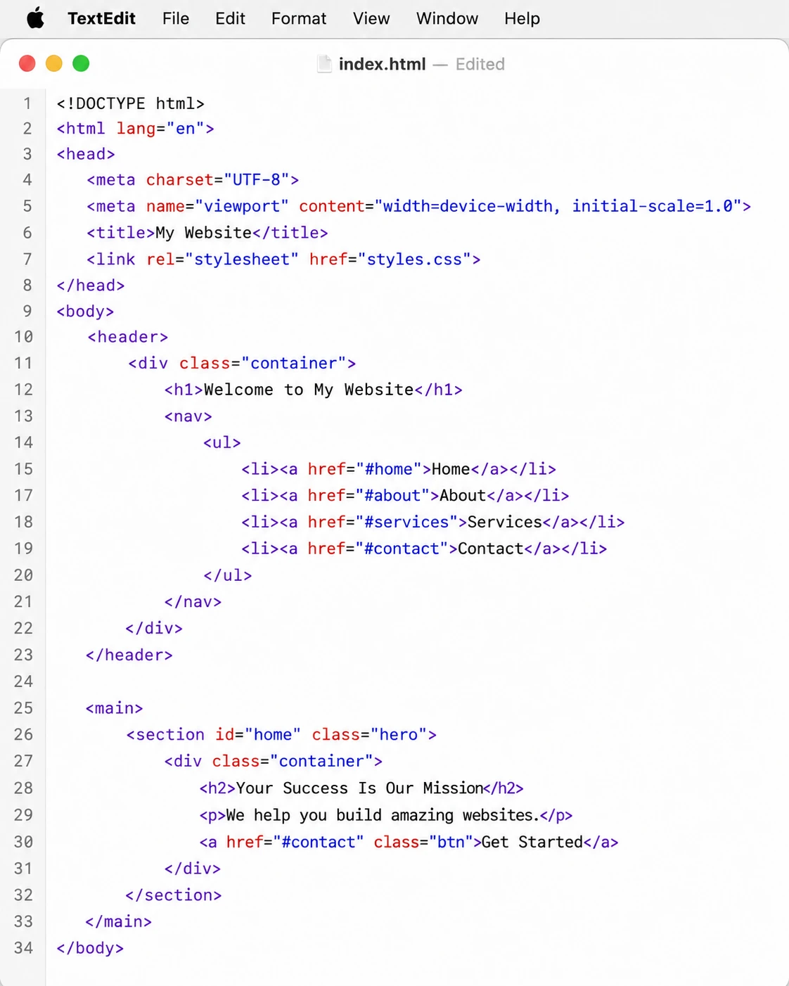 TextEdit, the default text editor included with macOS, in plain text mode